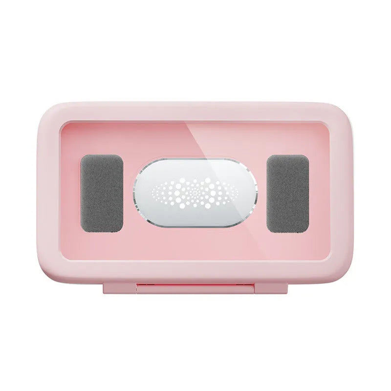 White waterproof phone holder mounted on bathroom tile showing phone inside with clear screen visibility