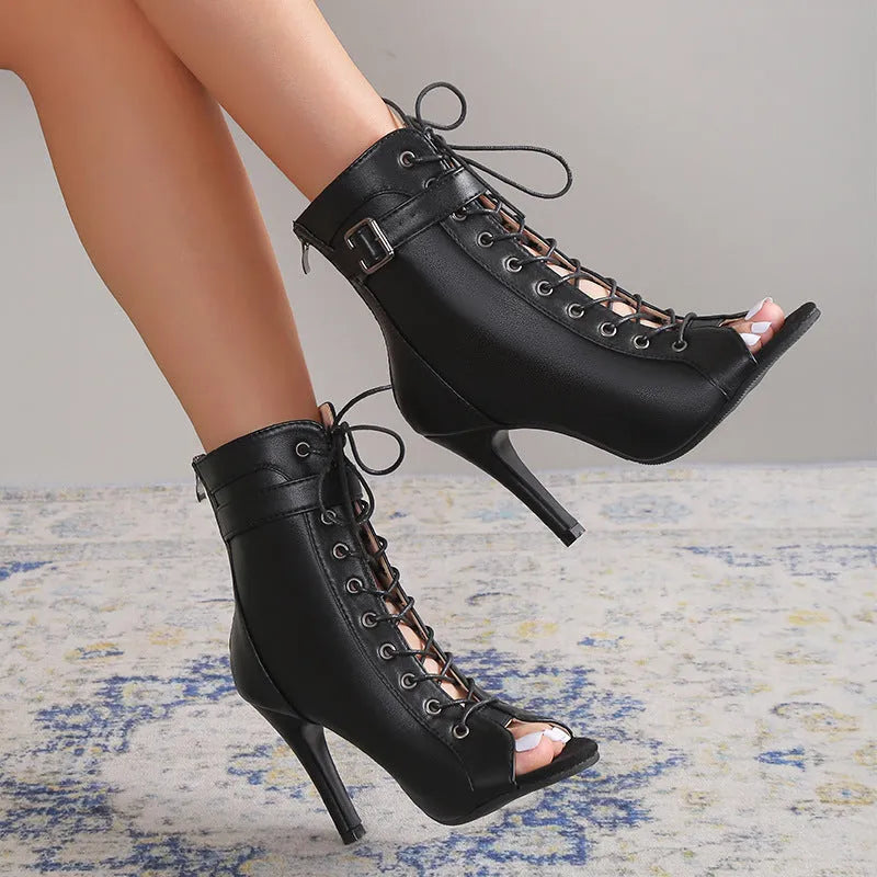 Black women's peep toe high heel pumps with back zipper and lace-up buckle detail