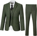 Men's herringbone pattern slim fit three-piece suit in wool blend, includes jacket, pants, and vest, available in multiple colours
