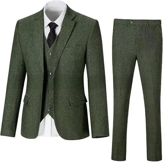 Men's herringbone pattern slim fit three-piece suit in wool blend, includes jacket, pants, and vest, available in multiple colours
