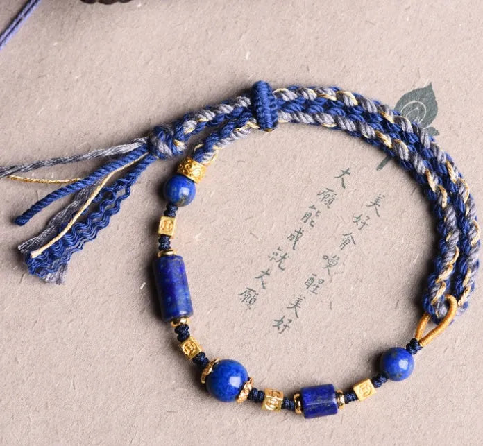Hand-woven ethnic watch band in flexible wire with Hongfei Ebony and Lapis Lazuli colour options