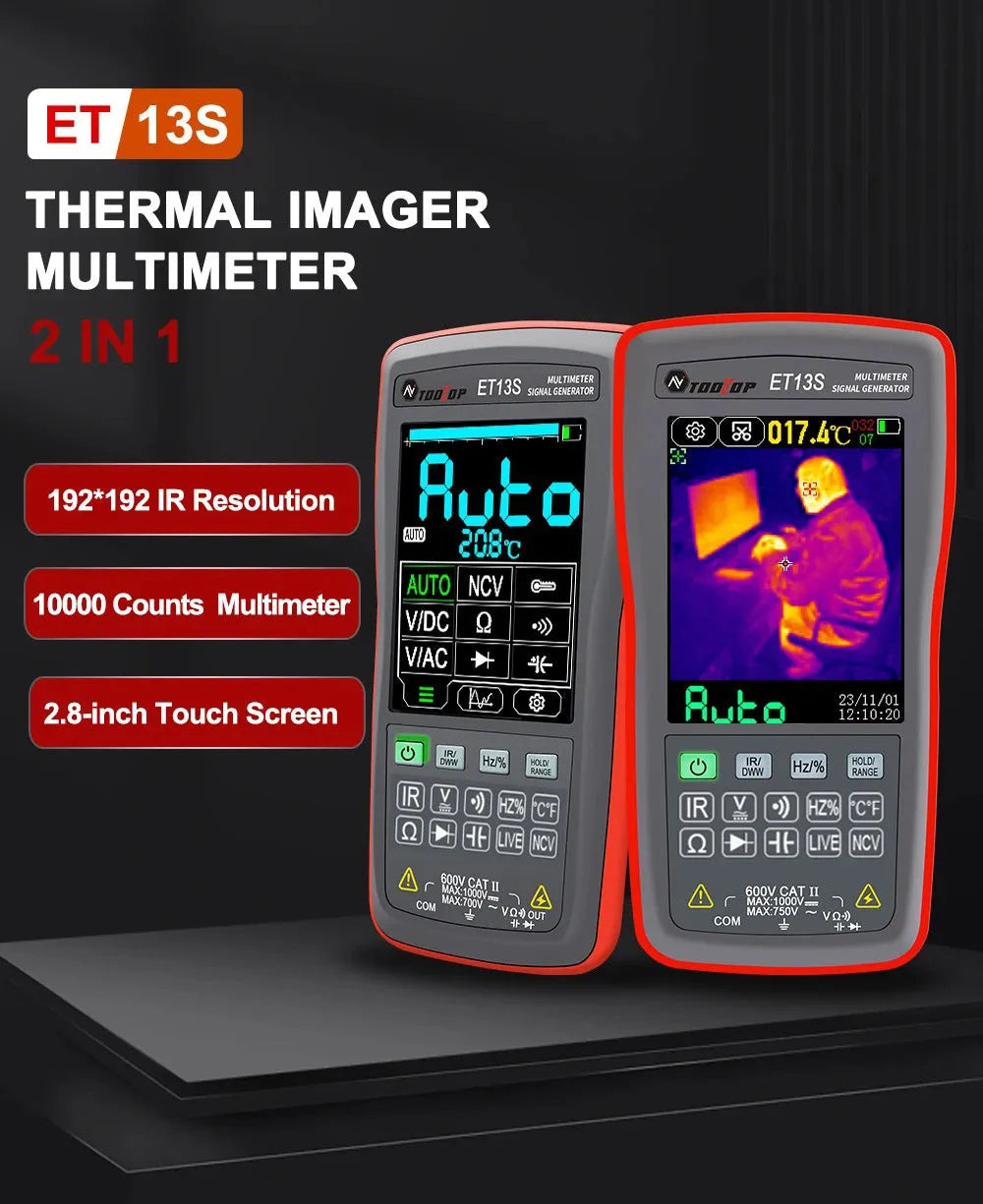 ET13S thermal imaging multimeter showing 2.8-inch touch screen display and compact handheld design