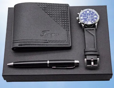 Creative holiday gift set showing a wallet, pen and watch in a modern simplicity gift box with OPP wrap.