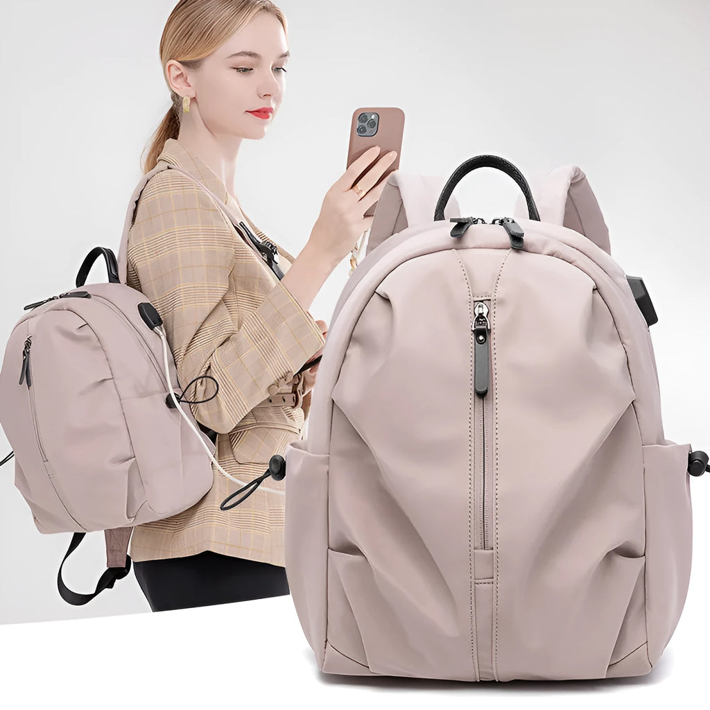 Women's Oxford cloth travel backpack with A4 and 14 inch sizes, multi-pocket interior, and sandwich pocket.