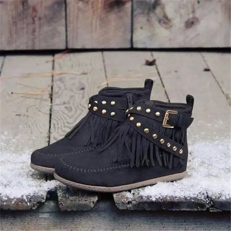 Retro ankle boots with rivet tassel flat heel suede women winter boots black