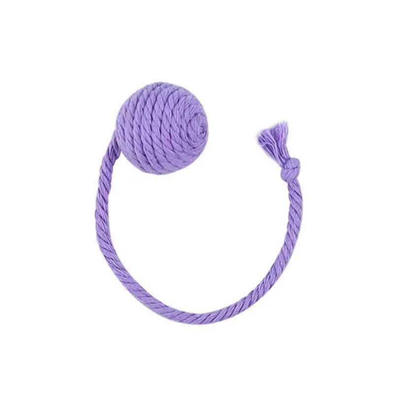 Colourful cat toy ball with rope attachment and built-in bell for interactive pet play