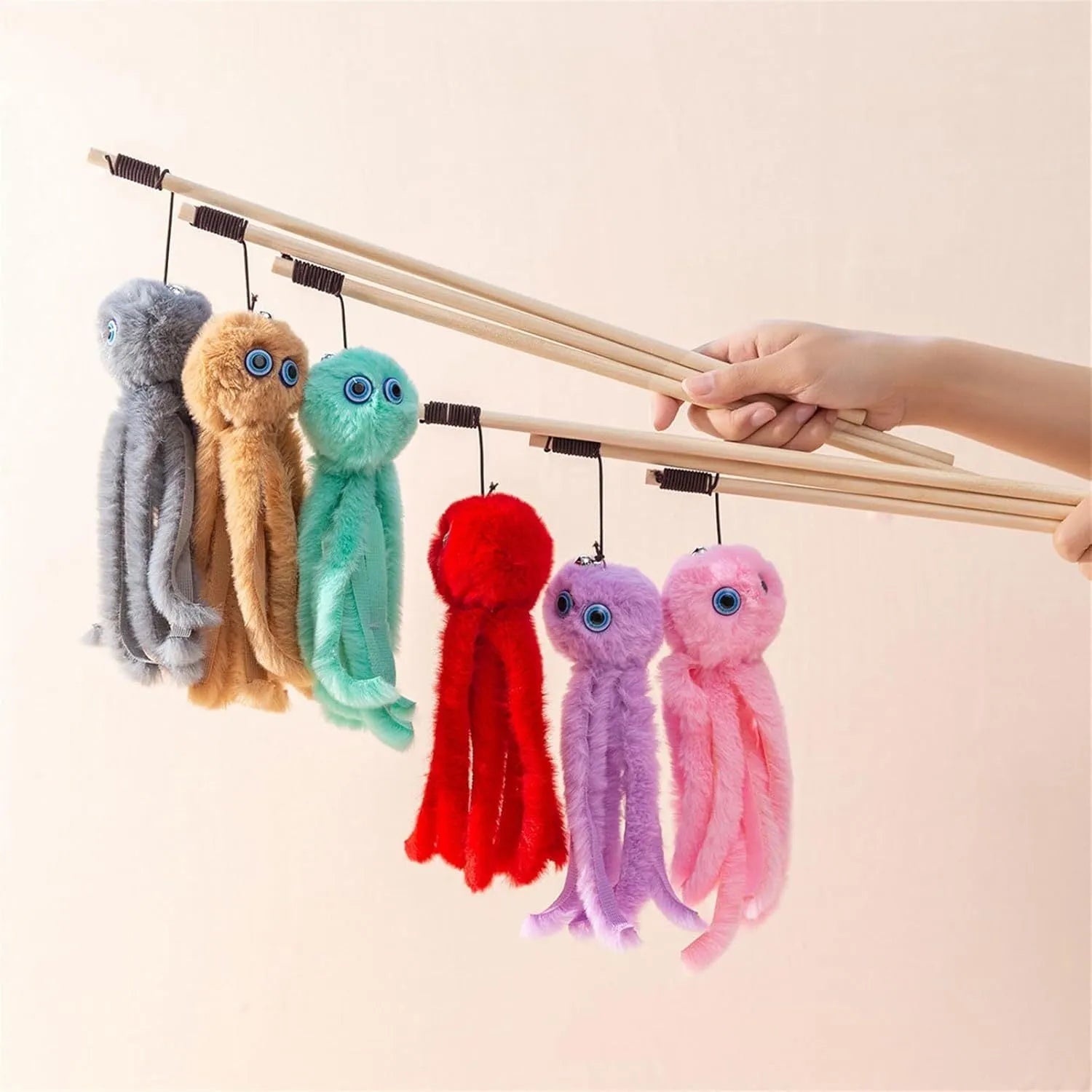 Furry octopus cat toy on 40cm wand for interactive indoor play with kittens