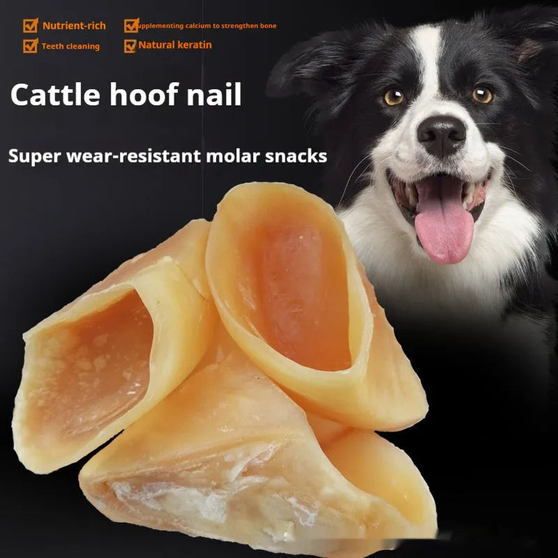 Natural cowhide grinding rod dog chew in hoof shell colour, shown in small and large sizes.