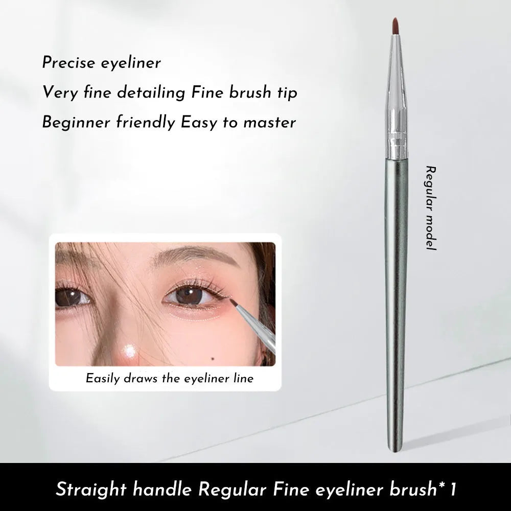 Angled bendable head eyeliner brush with fine tip for detailed under eye concealer and tear trough makeup application.
