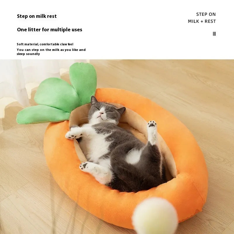 Carrot-themed pet bed with removable washable cover in medium and large size options