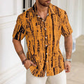 Man wearing a blue and white striped short sleeve casual summer shirt.