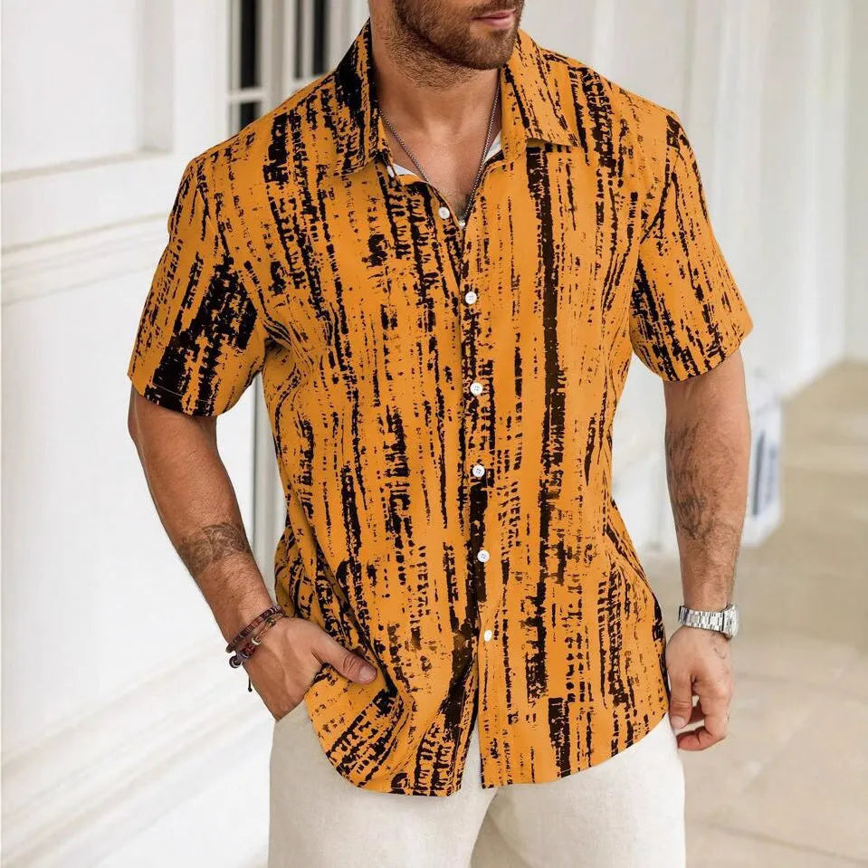 Man wearing a blue and white striped short sleeve casual summer shirt.