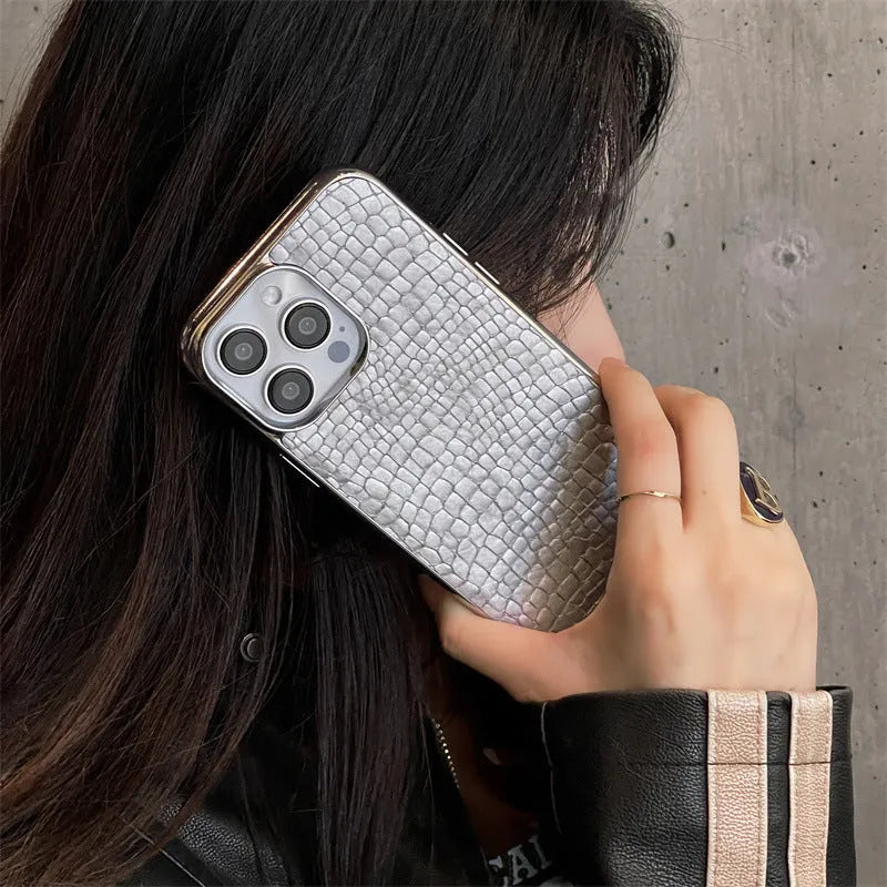 Imitation leather phone case with electroplated crocodile pattern in black, gray, silver, green, and milky white for iPhone 13 Pro Max