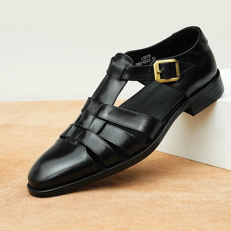 Men's black and brown genuine leather sandals with rubber soles for summer business casual wear