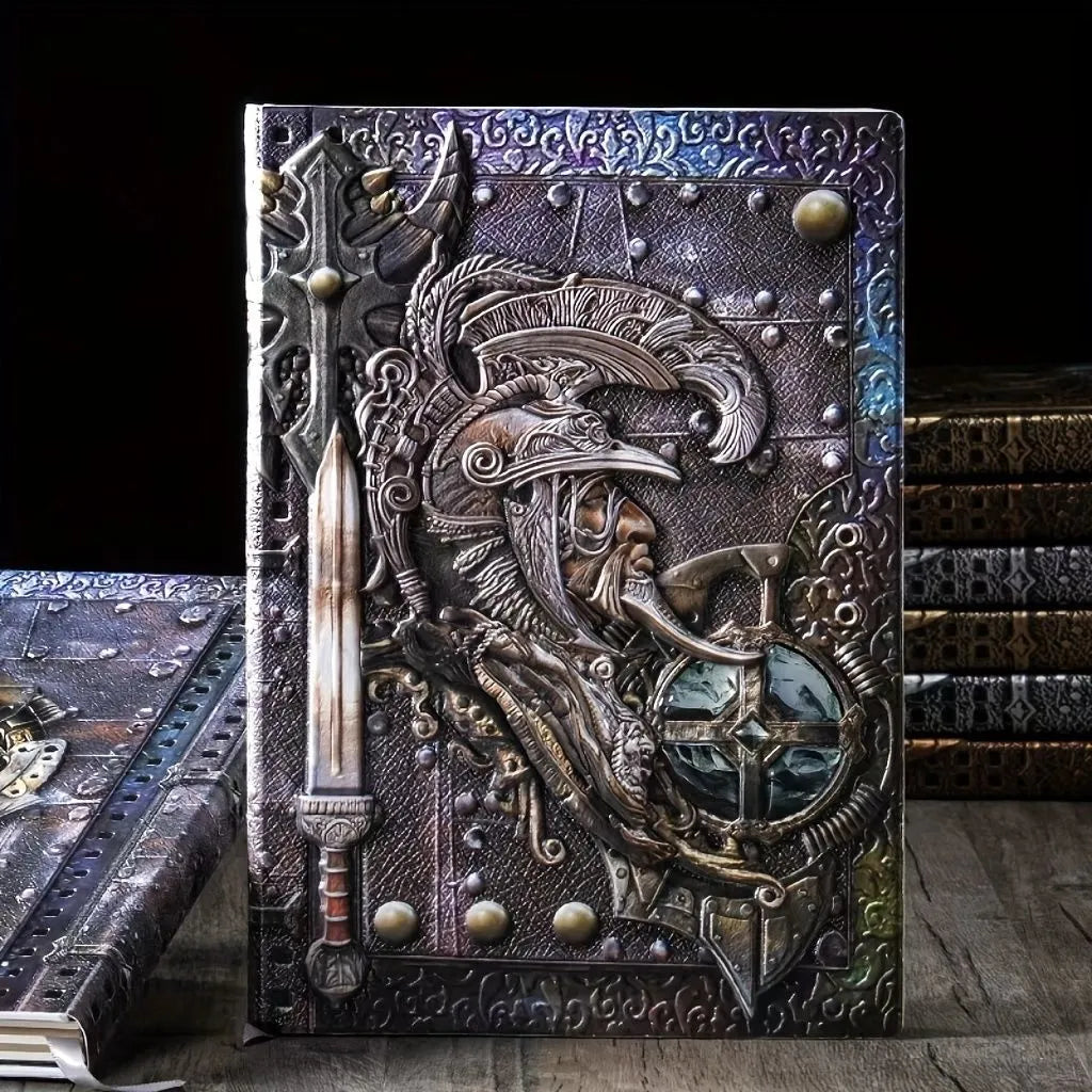 A5 leather notebook with embossed 3D warriors design on the cover, shown in a choice of colours.