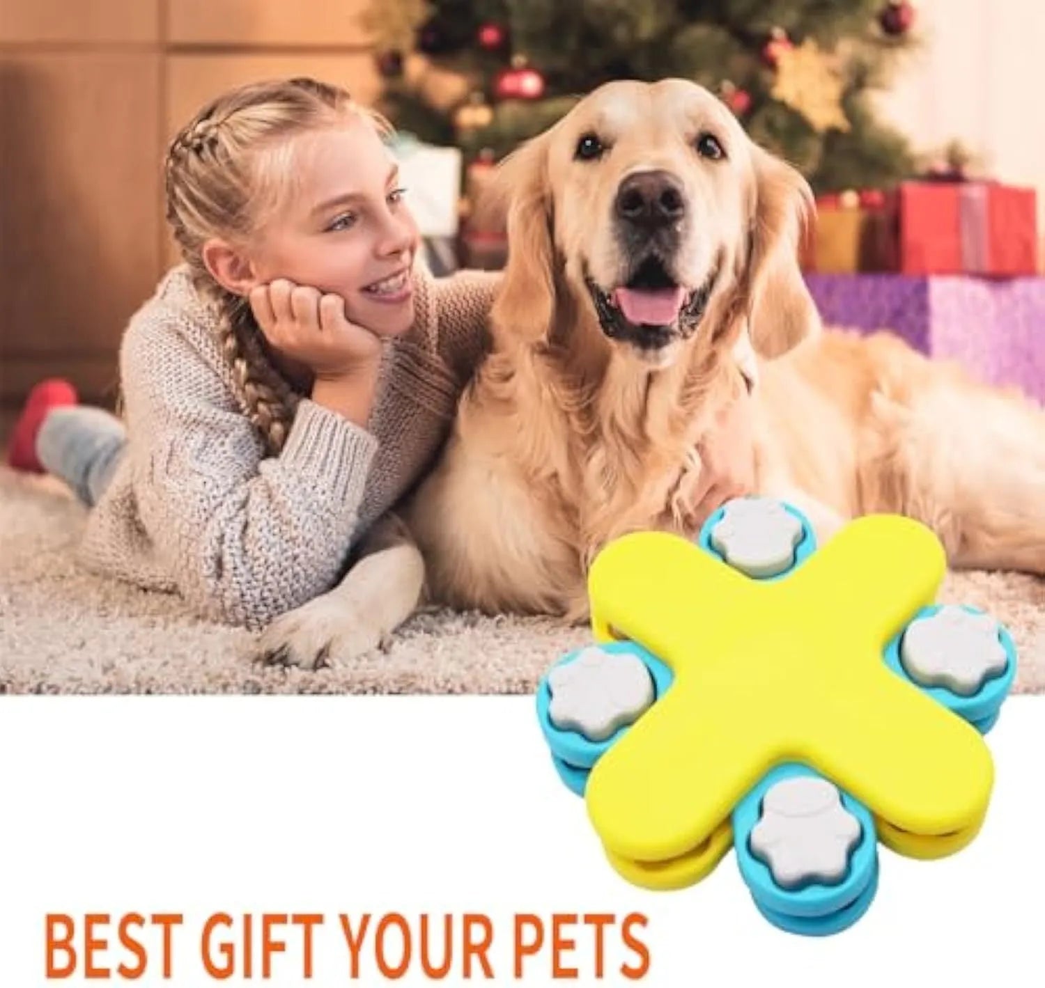 Yellow dog puzzle feeder toy with rotating lids on a non-slip base