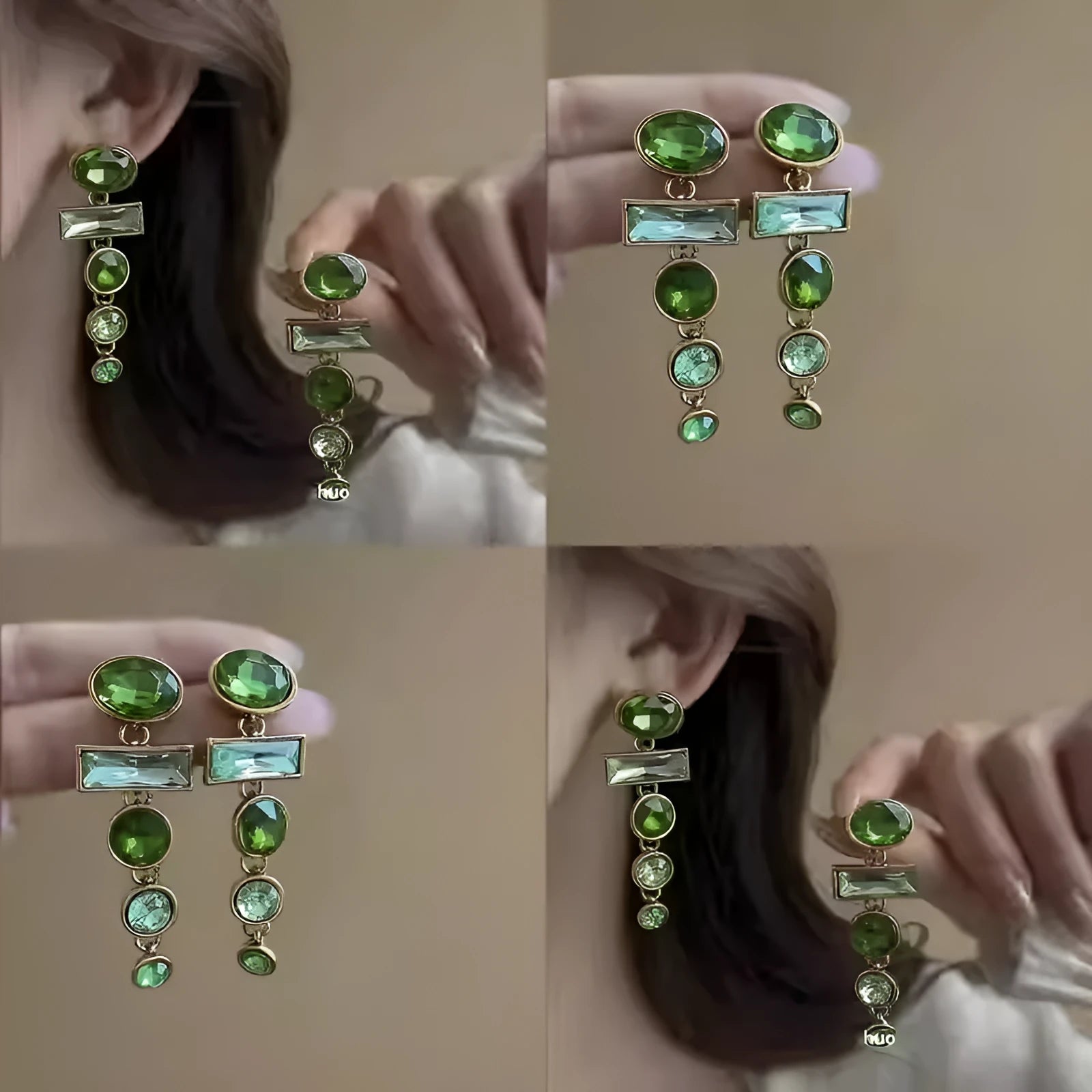 Pair of green gradient geometric alloy earrings with a tassel and inlaid zircon stone details on a white background.