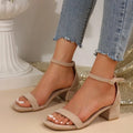 Women's black square toe sandals with a hollow ankle strap and silver buckle
