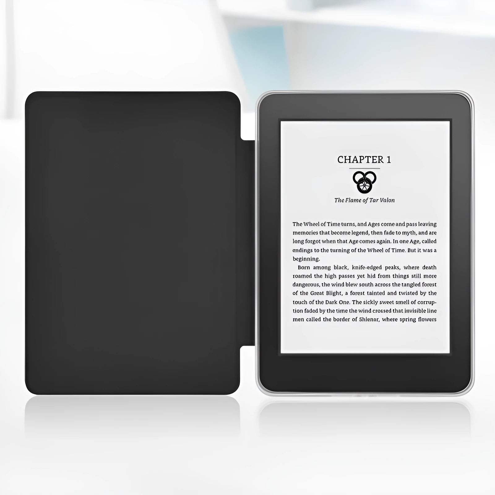 Magnetic acrylic imitation leather flip cover for Kindle Paperwhite in black colour, open showing inner device slot
