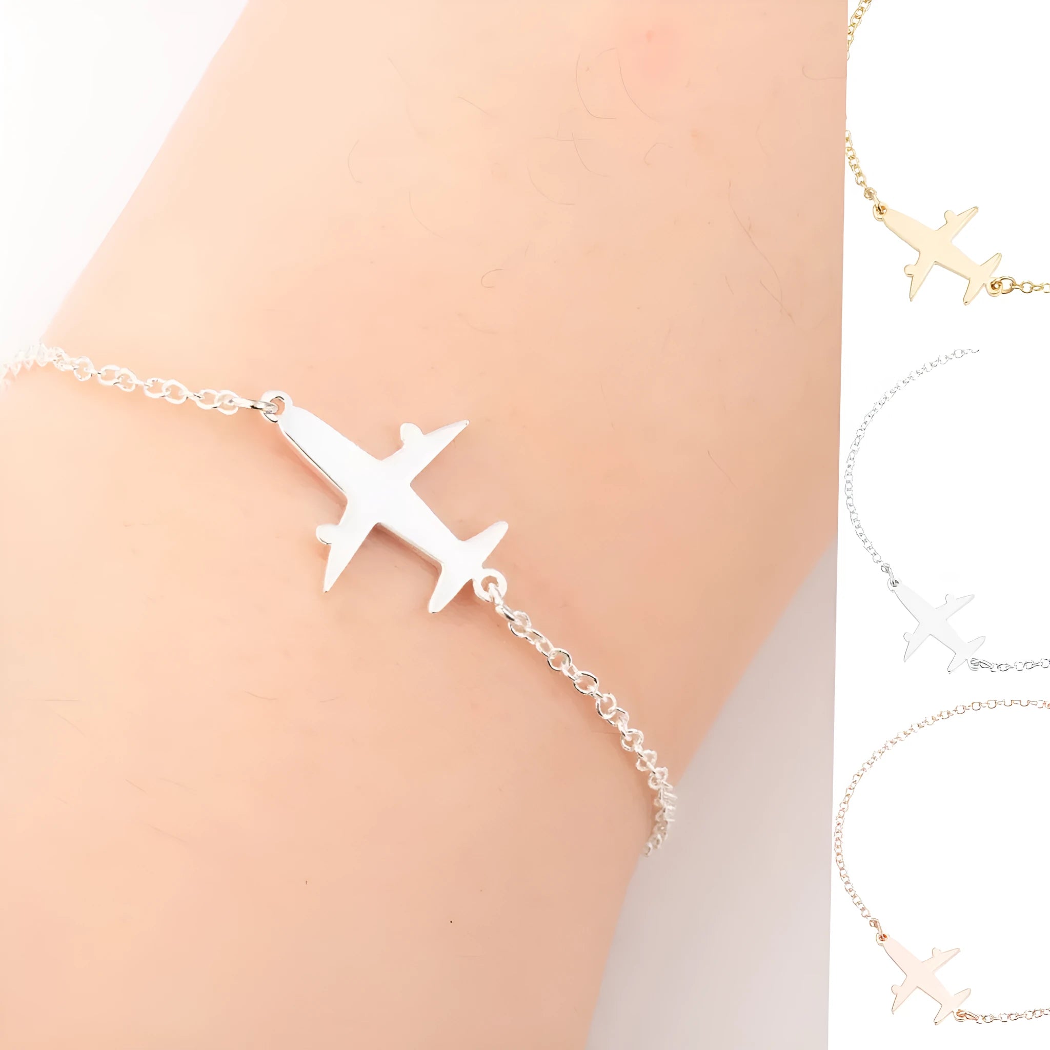Alloy bracelet with simple airplane pendant in gold colour, unisex style