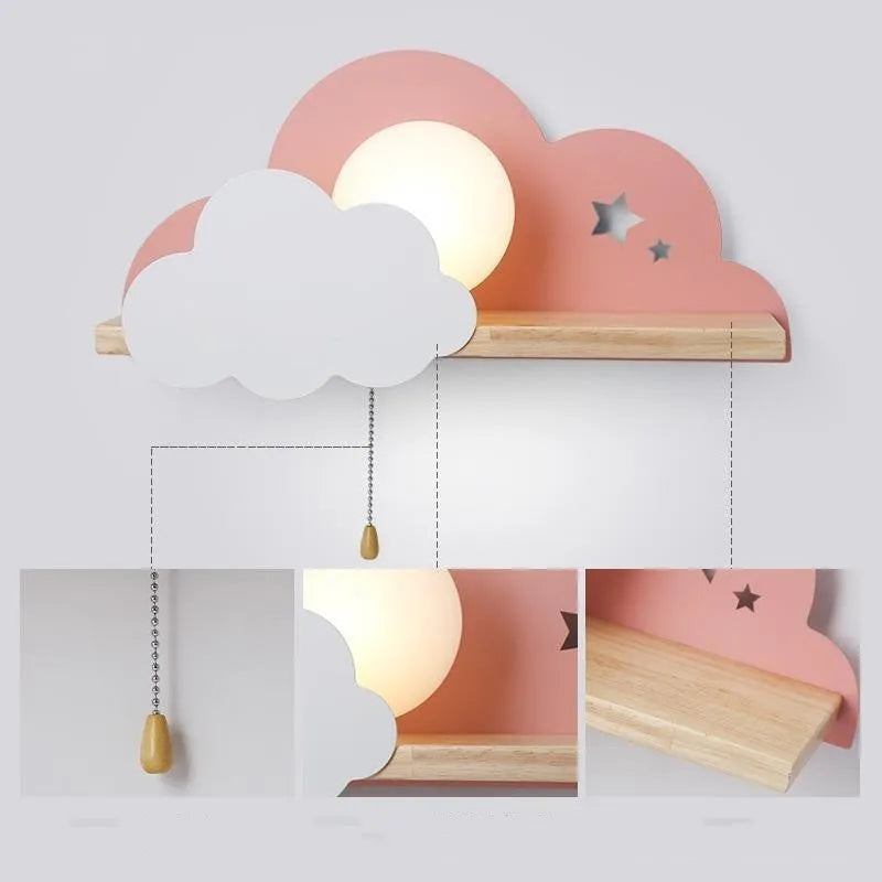 Cloud-shaped decorative glass wall lamp mounted on a wall, showing its silhouette and dimensions.