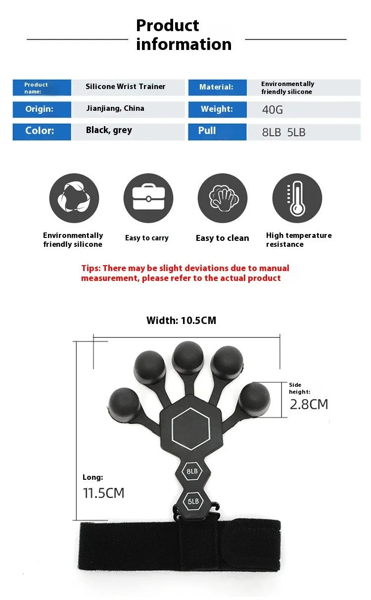 Grey and black silicone 5-finger rehabilitation hand trainer for adult grip strength exercises.