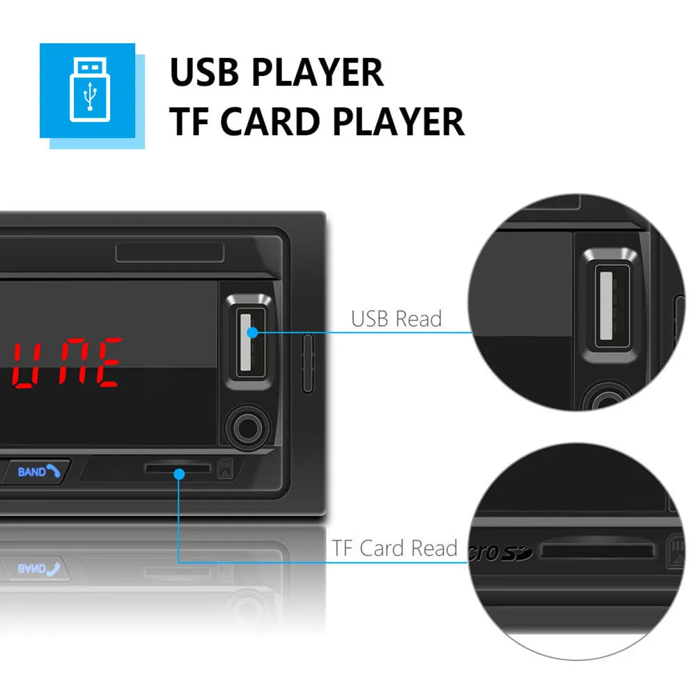 Black car Bluetooth MP3 player FM radio model 1028 with 12V DC power, monochrome screen, and remote control