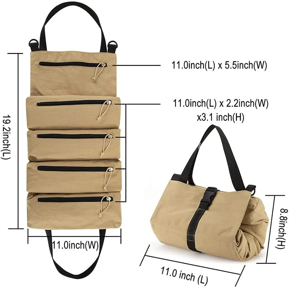 Multi-purpose roll up tool bag in Oxford cloth with 40KG weight bearing, shown in khaki, army green or black