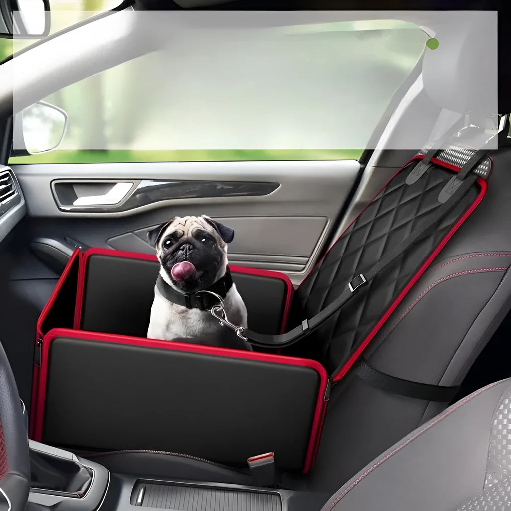 Black non-slip dog car pad placed on a vehicle's front passenger seat