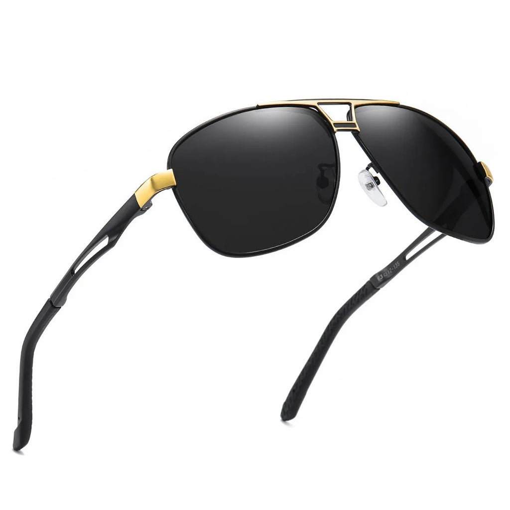 Men's orange red tinted polarised aviator sunglasses with a double-bridge metal frame on a solid background.