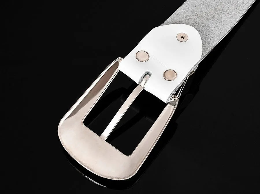 Ladies cowhide leather belt with rhinestone D-shape pin buckle, diamond-studded pattern, available in multiple colours and sizes