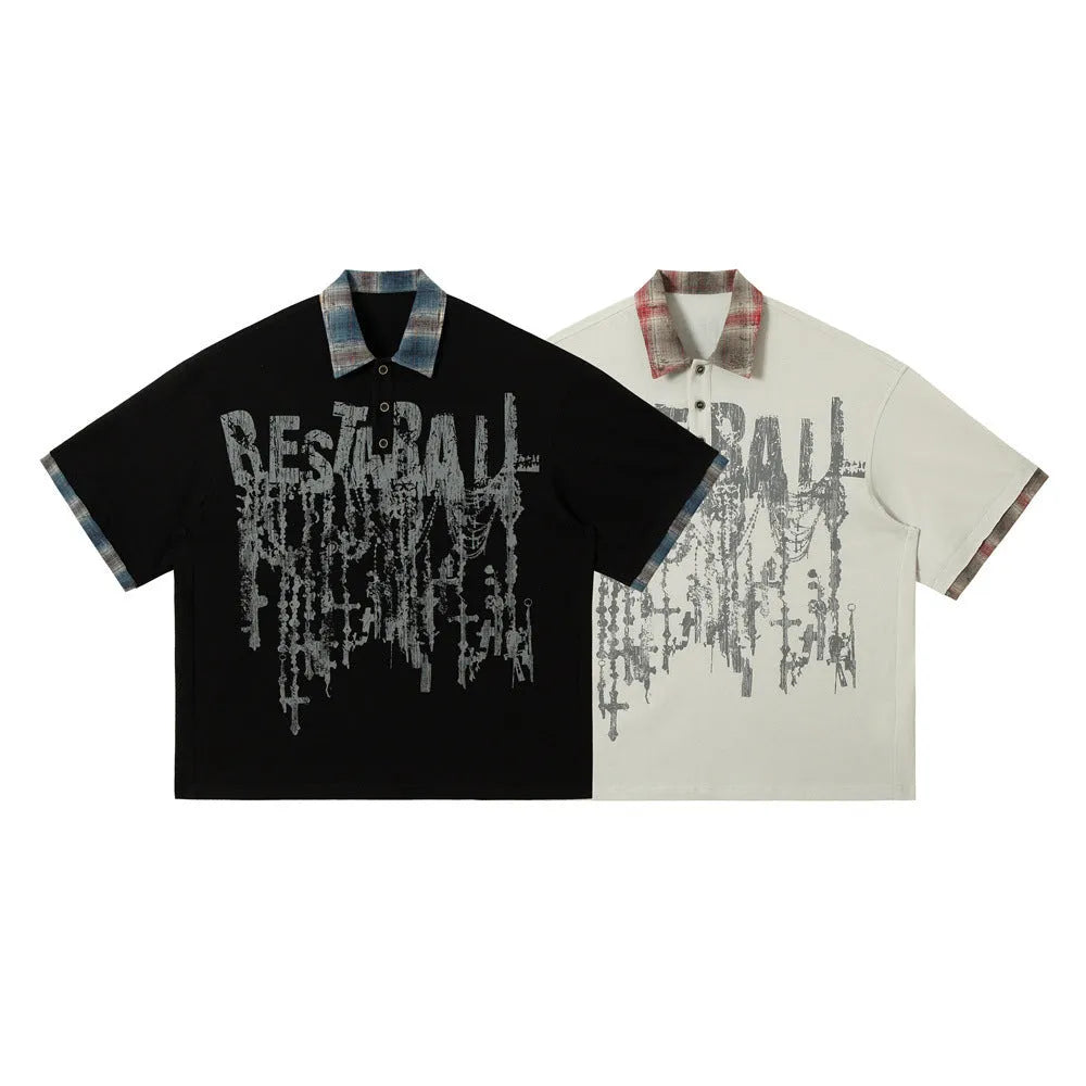 Men's loose blue cotton top with graffiti print and asymmetrical street style design.