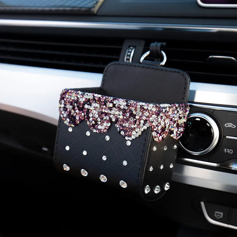 Diamond-studded leather car storage box with handmade Czech rhinestones in white colour