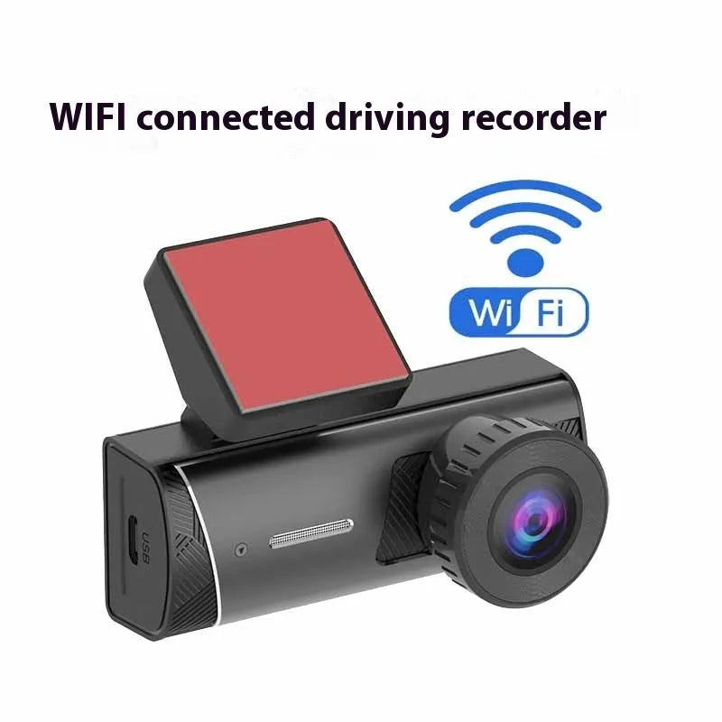 Black WIFI connected car dashcam with touch screen and wide angle lens for vehicle security recording