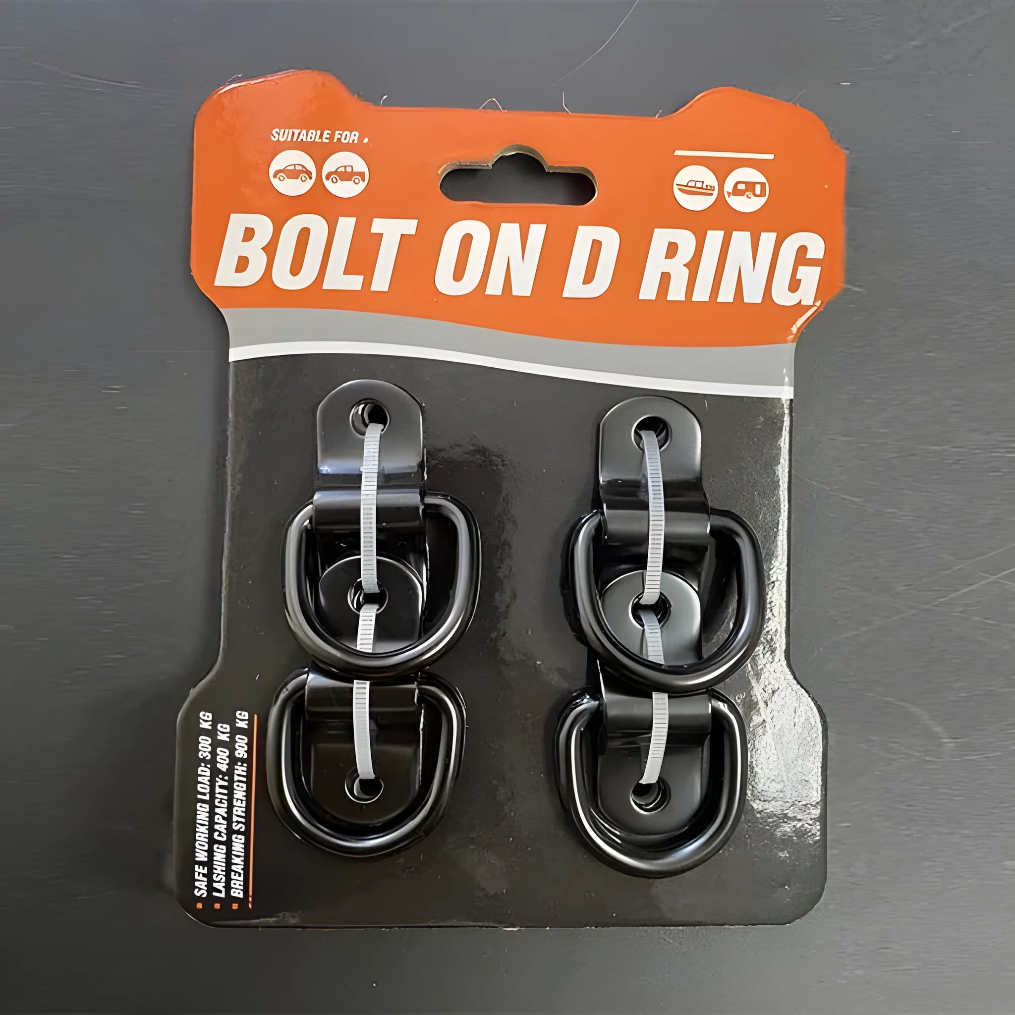 Black galvanised pull ring floor hook for mounting in a truck cargo bed.