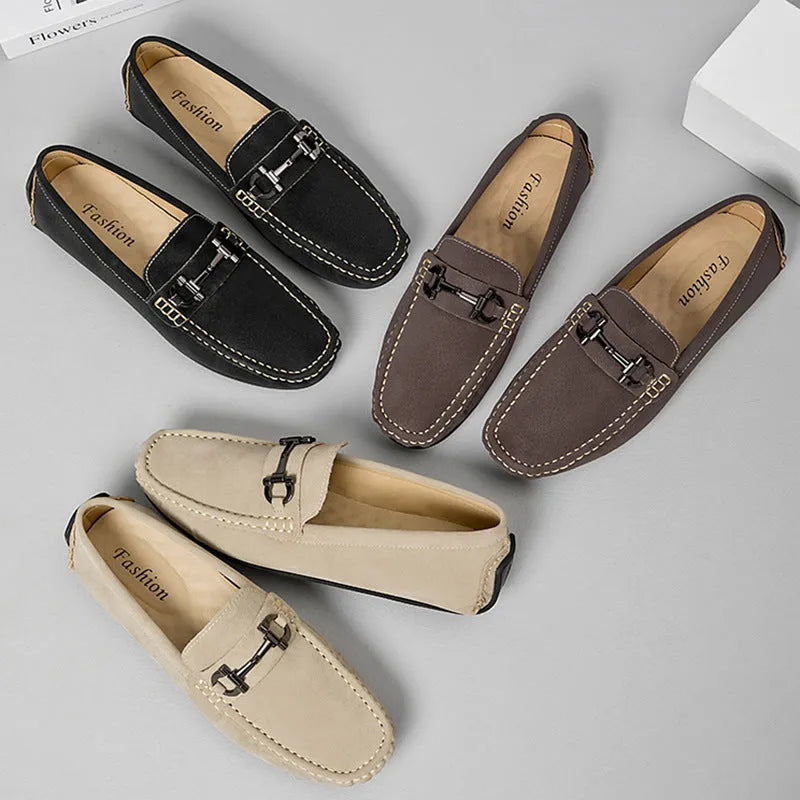 Men's brown casual leather shoes with rounded toe and rubber sole
