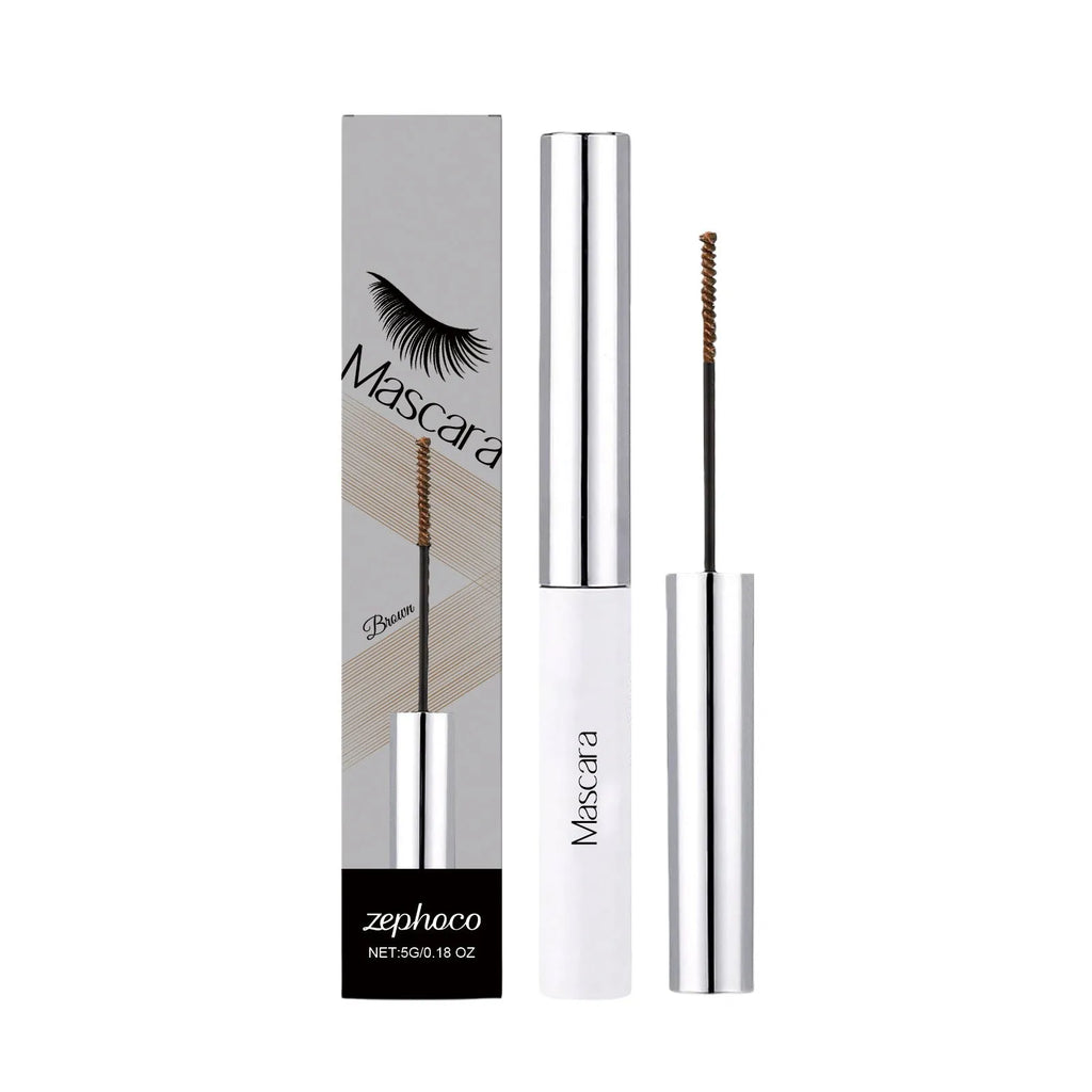 Lightweight smudge-proof mascara 5g tube with beeswax and vitamin E, 12.7cm compact size.