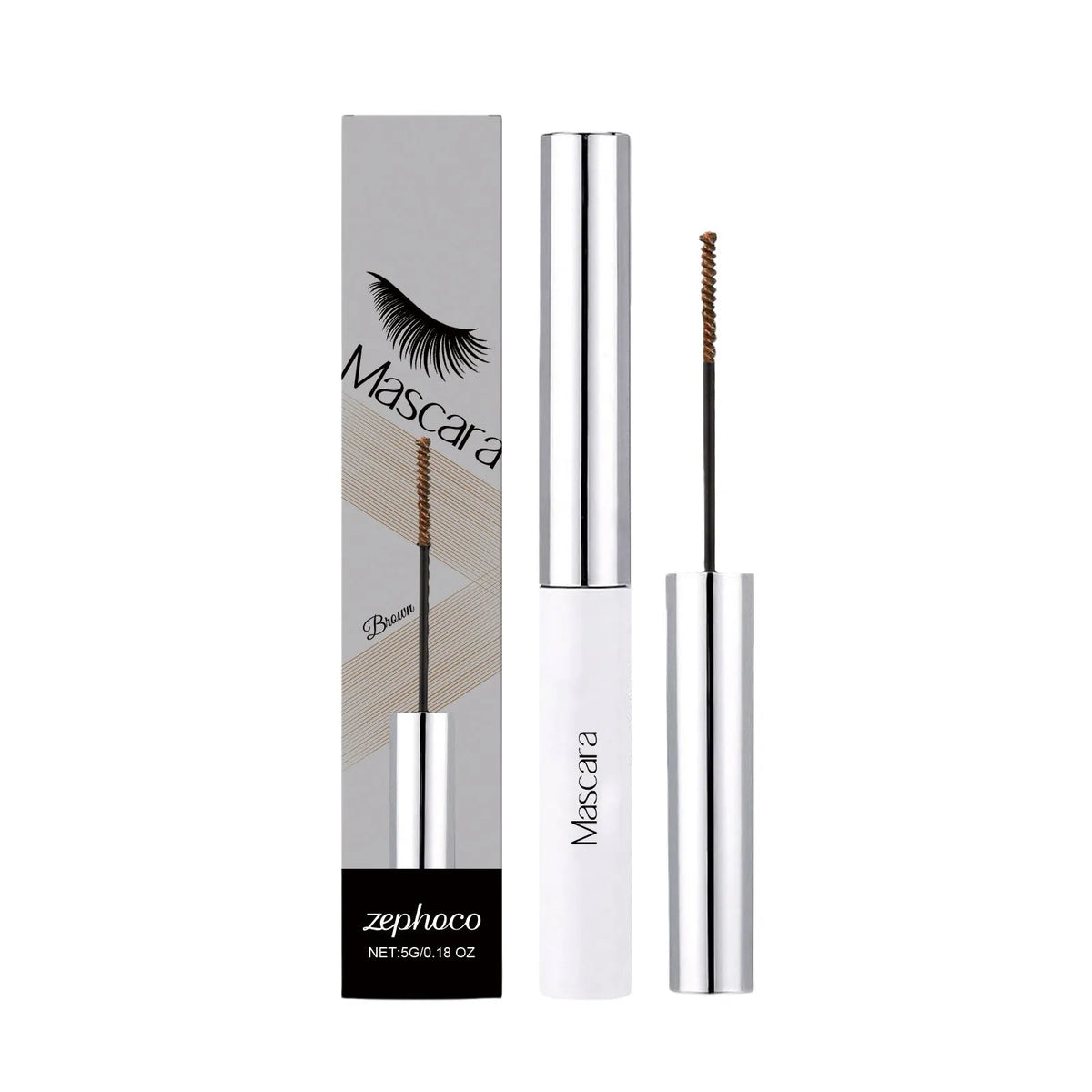 Lightweight smudge-proof mascara 5g tube with beeswax and vitamin E, 12.7cm compact size.