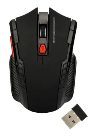 6-button wireless gaming mouse in black with USB receiver, ergonomic shape, standard size