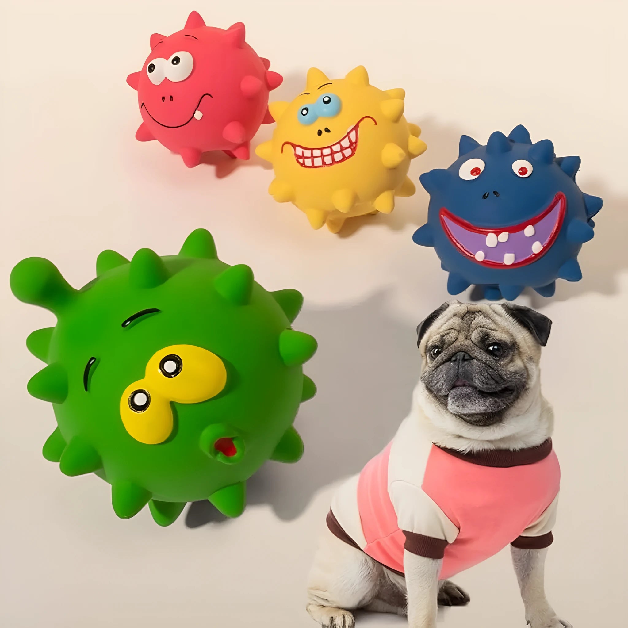 Set of four colourful latex squeaky dog balls with cute faces, each measuring 7.5cm.