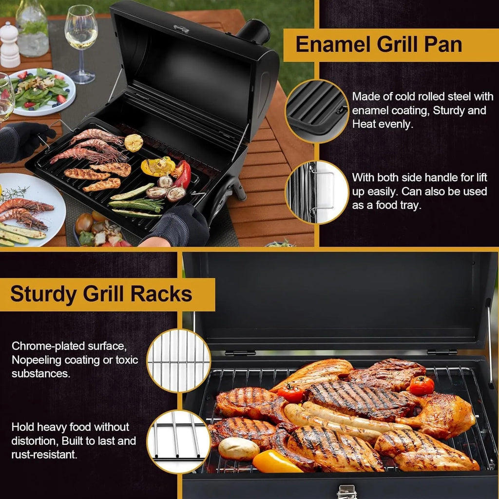 Small black folding desktop charcoal barbecue grill with a metal cooking grate.