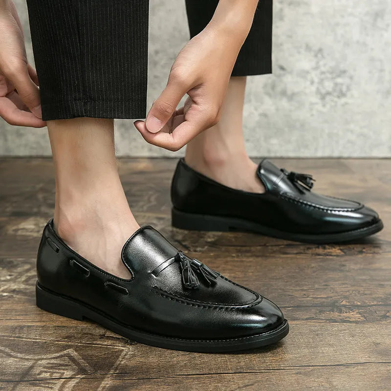 Men's tassel slip-on shoes, low top artificial PU upper, black brown blue, sizes 38 to 46