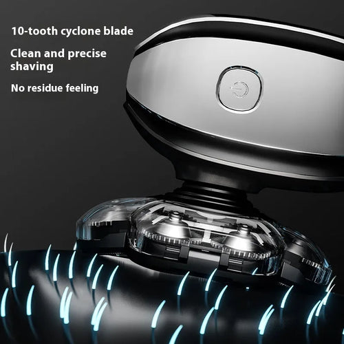Black rechargeable 6-in-1 multifunctional hair clipper and shaver kit with attachments laid out.