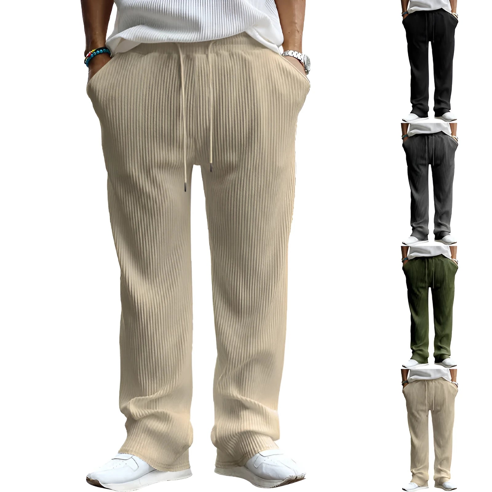 Men's loose fit high waist straight leg striped trousers in polyester fabric