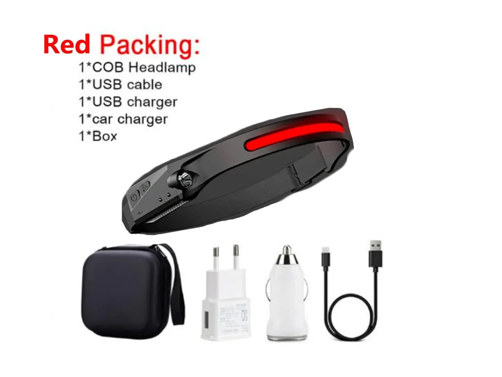 Black USB rechargeable headlamp with a wide COB LED lens and a side wave sensor on the headband.