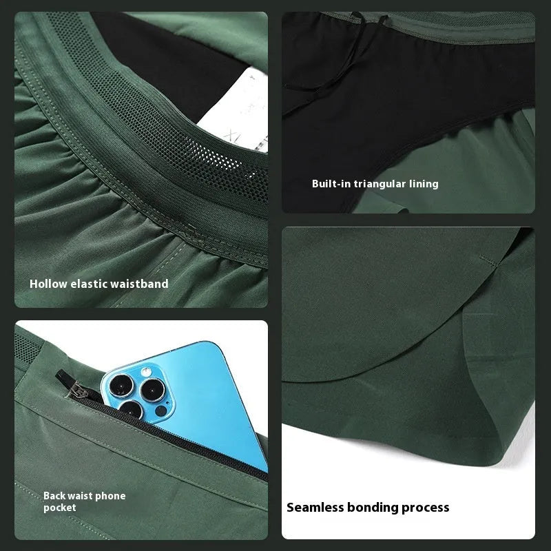 Men's polyester exercise shorts with breathable sweat-wicking design and anti-exposure lining, available in eight colours.