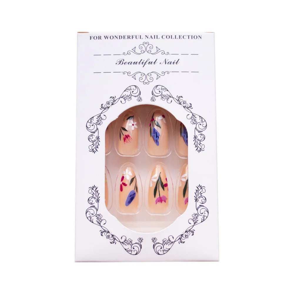 Removable flower pattern nail art set for almond-shaped nails in a rose and tulip design.