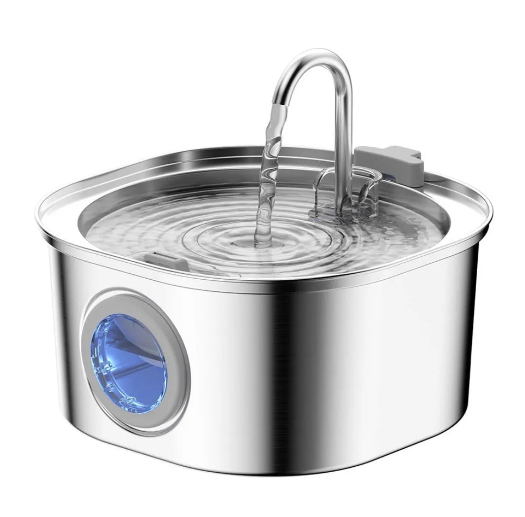 Stainless steel pet water dispenser with round basin and window faucet for dogs and cats.