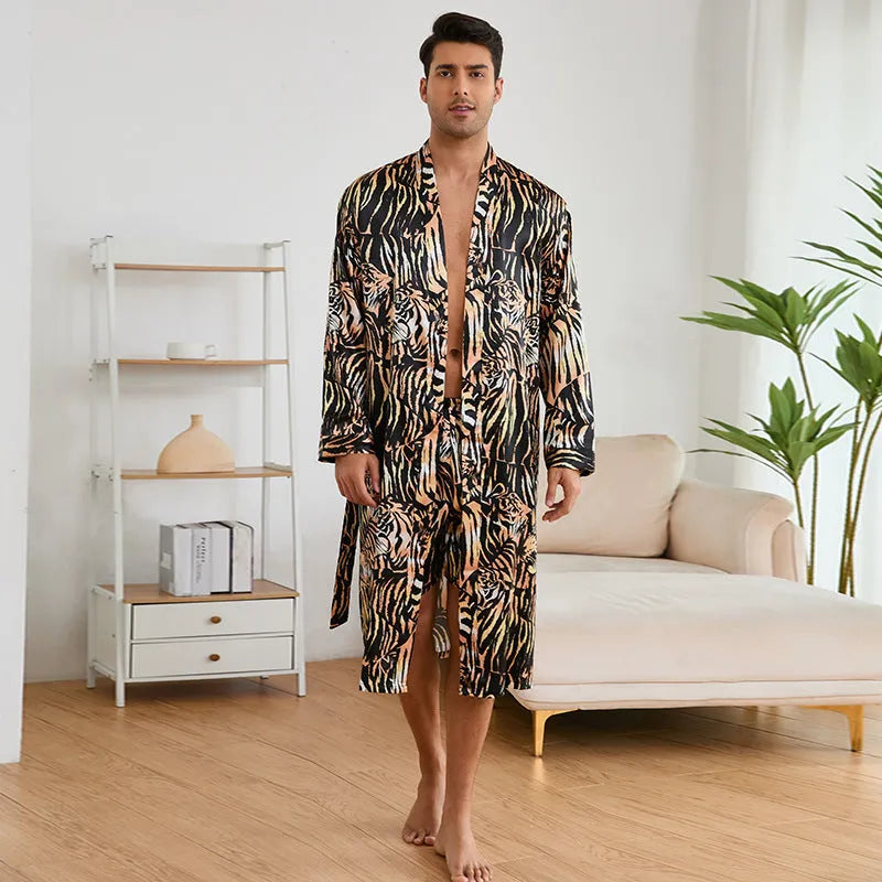 Men's tiger print bathrobe set with long sleeves and matching shorts