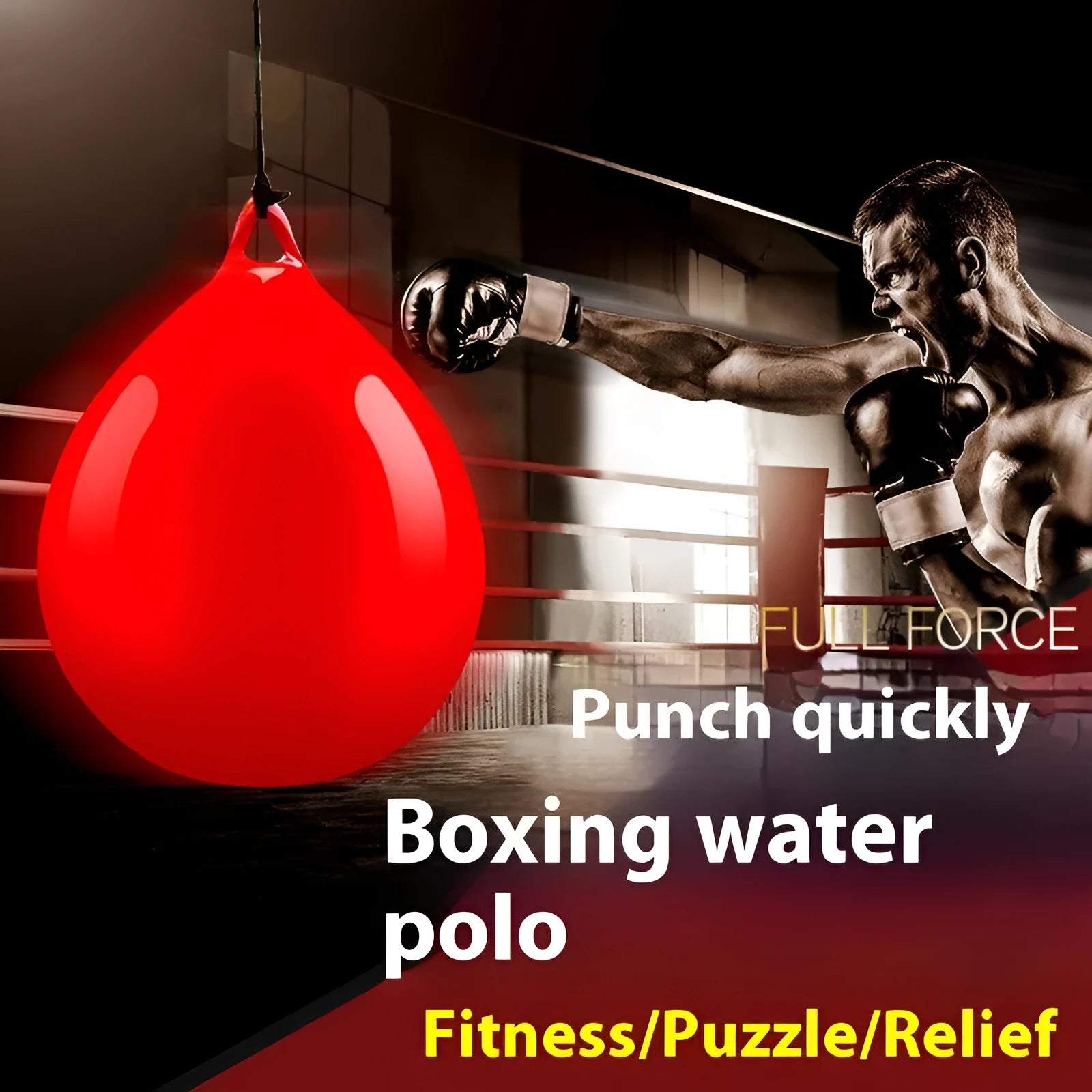 Red water-filled boxing reaction ball with hook rope for hanging installation